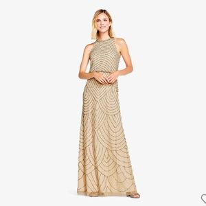 Adrianna Papell ART DECO BEADED BLOUSON DRESS, HALTER, NUDE, Size 4